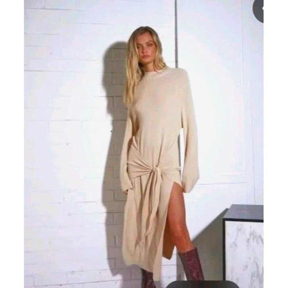 SNDYS Revolve Tied Up Ribbed Knit Dress Long Sleeve Beige Size Large L